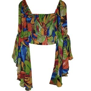 Live 4 Truth Tropical Floral Smocked Crop Top Long Flare Bell Sleeve Womens S